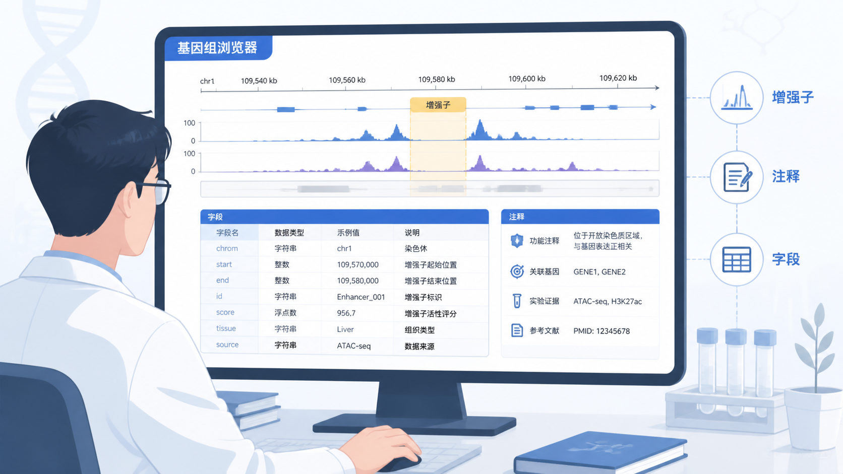 科研人员在电脑前整理基因组浏览器中的增强子区域数据，旁边显示规范字段表格和注释信息。