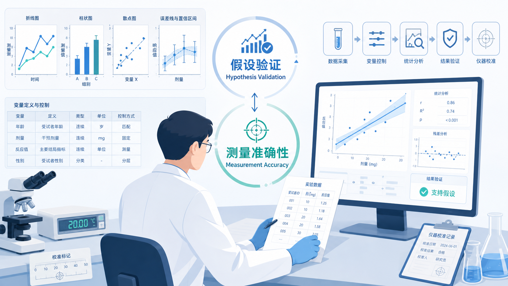 医学研究场景中，研究者在查看统计图表、变量定义表和实验数据，画面突出“假设验证”和“测量准确性”两个概念