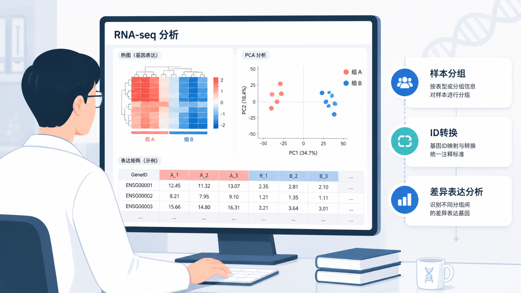 科研人员在电脑前查看RNA-seq热图、PCA图和表达矩阵表格，旁边标注“样本分组、ID转换、差异分析”。