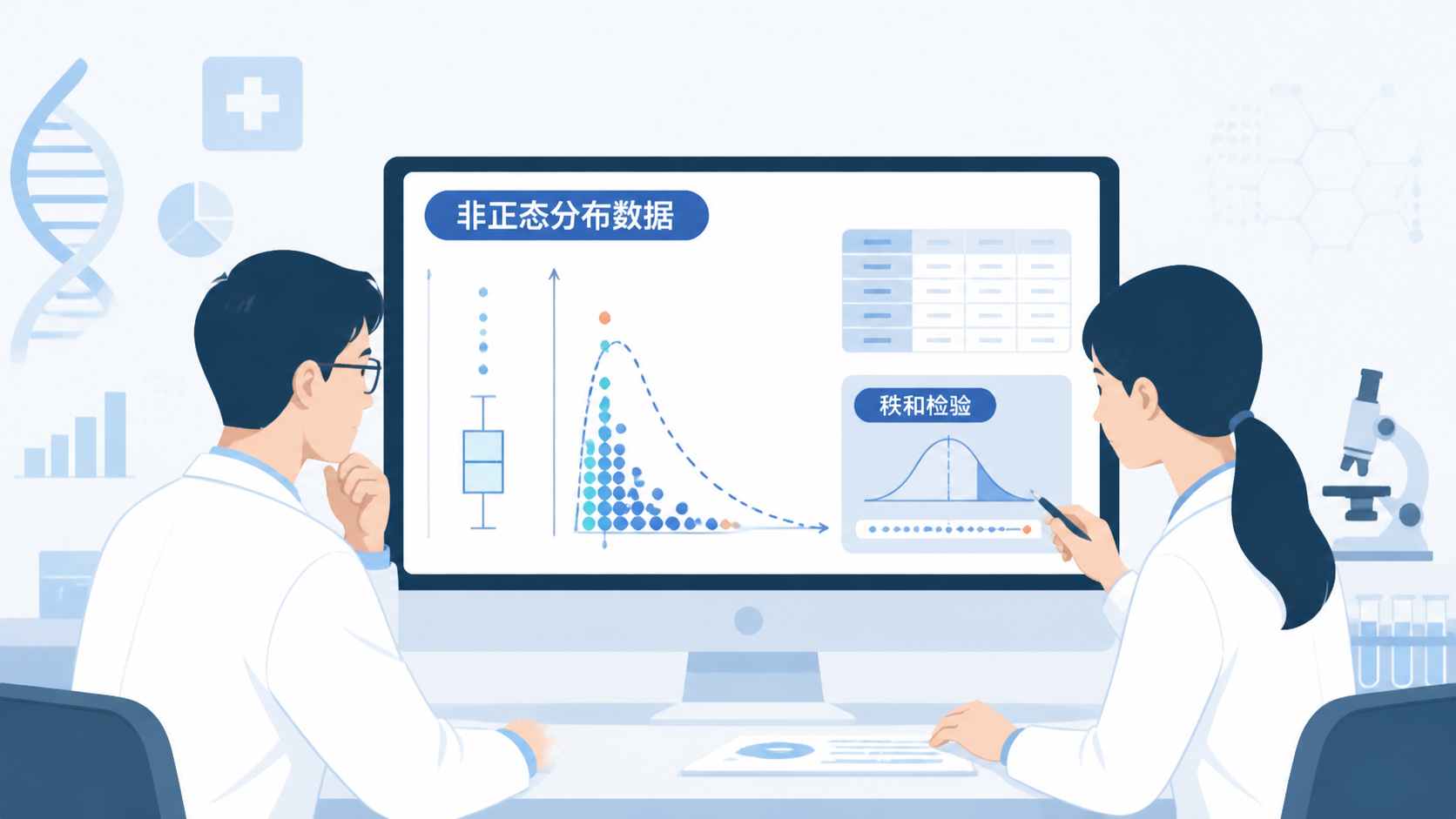 一张医学统计分析场景图，包含医生、科研人员、电脑屏幕上的表格和秩和检验结果，突出“非正态分布数据分析”的专业氛围。