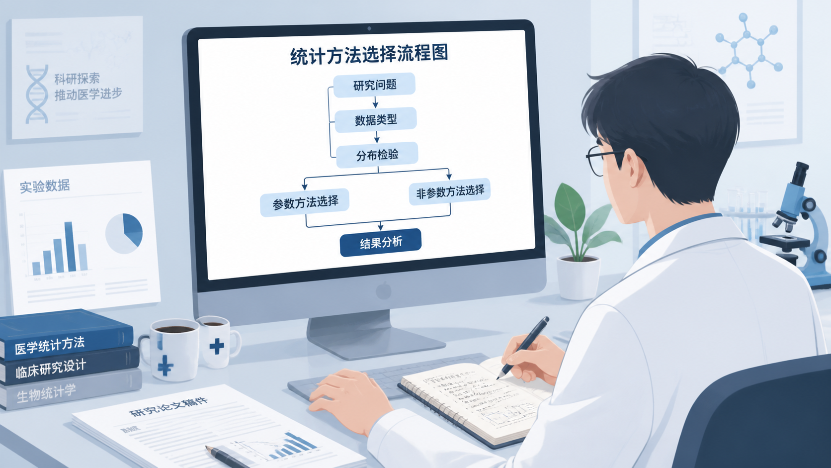 医学论文写作场景，屏幕上显示统计方法选择流程图。