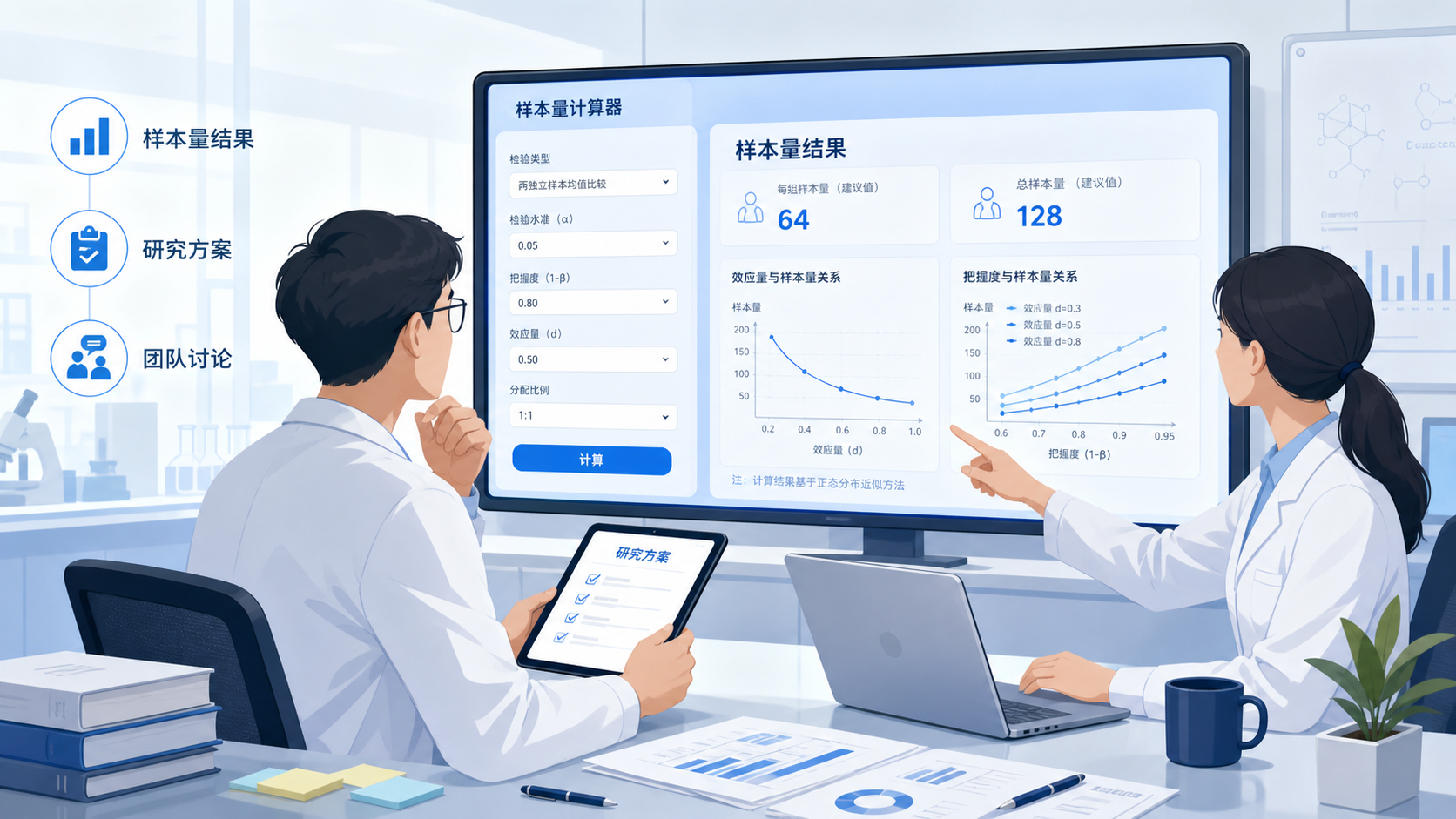 研究者查看样本量计算结果后，整理研究方案并与团队讨论，画面体现“工具辅助科研决策”的专业场景
