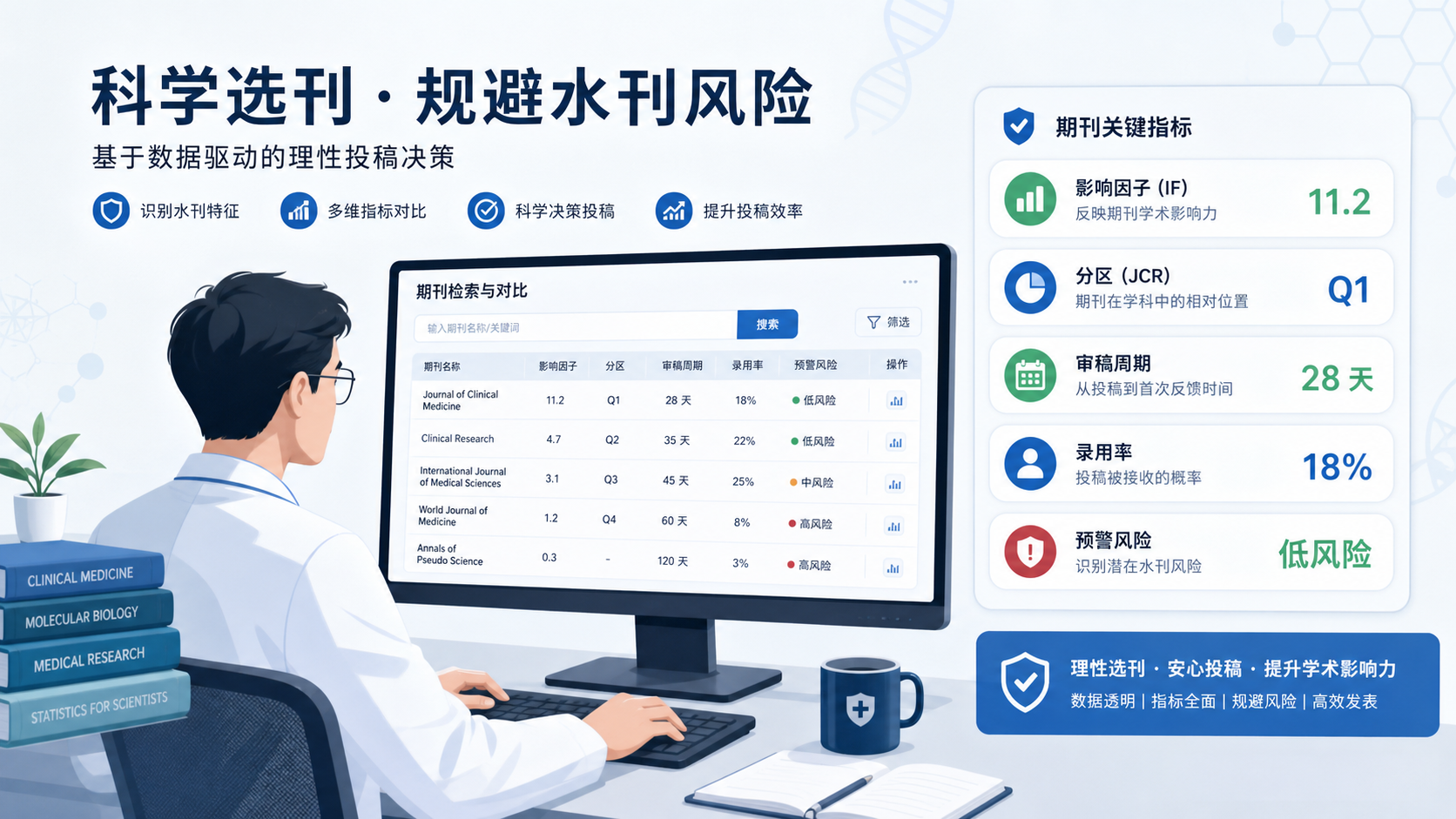 科研人员在电脑前筛选期刊，旁边有影响因子、分区、审稿周期等信息面板，突出“避开水刊投稿风险”的场景。