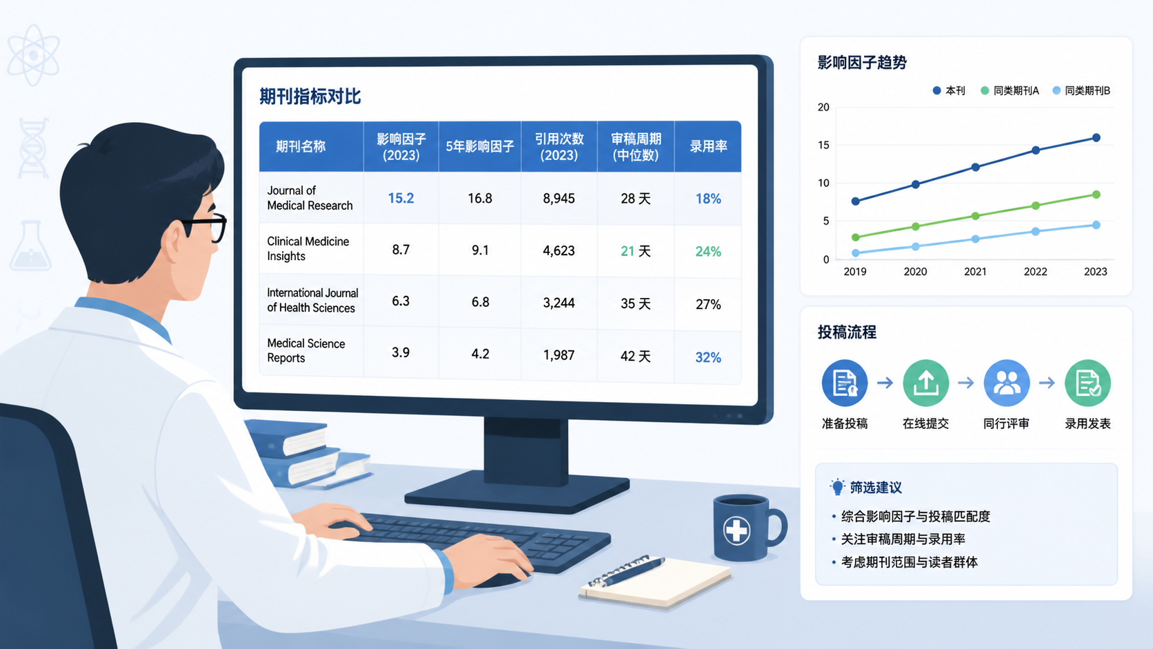 医学科研人员在电脑前比较不同期刊指标，旁边有影响因子曲线图和投稿流程示意图。