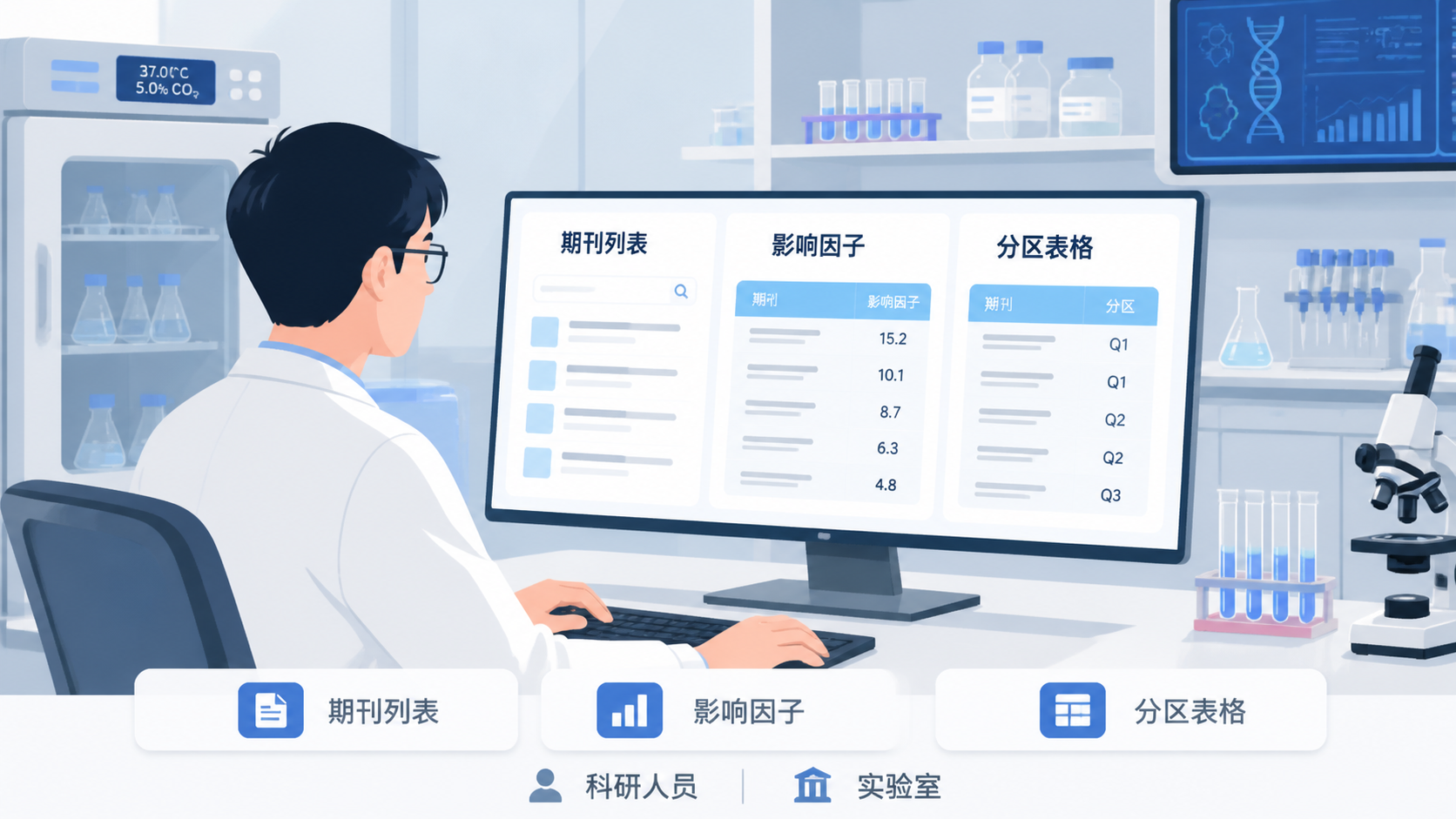 一位科研人员在电脑前对照期刊列表、影响因子和分区表格，背景为实验室或医院科研场景。