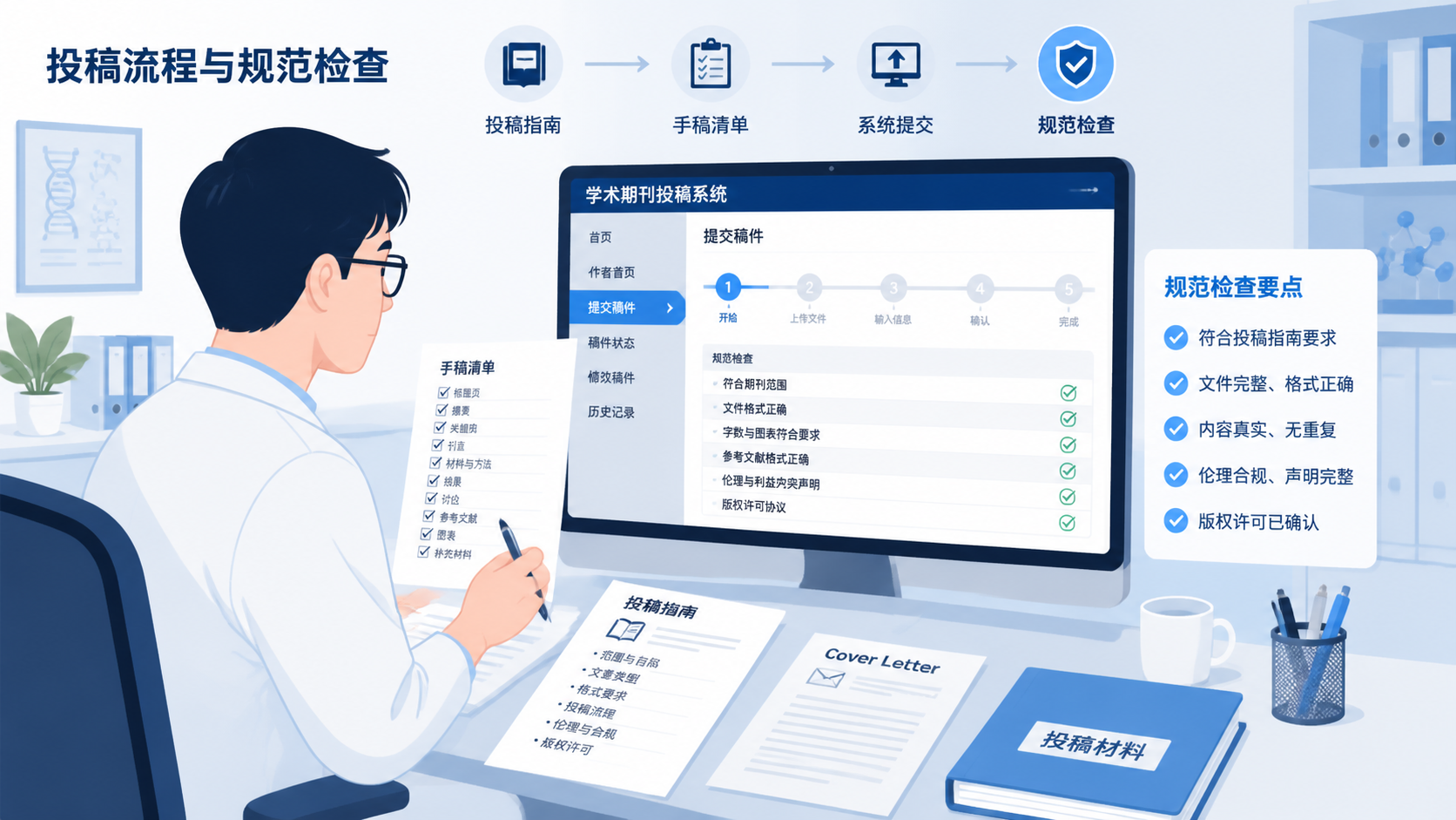 一位研究者在电脑前对照期刊投稿指南、手稿清单和SCI投稿系统页面，突出“投稿流程与规范检查”场景