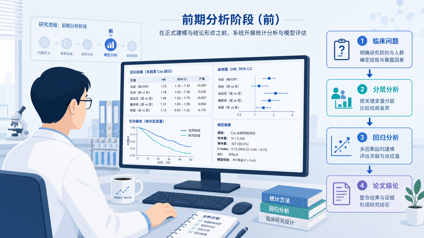 科研人员在电脑前审阅统计模型输出，旁边有临床问题、分层分析、回归分析和论文结论四个模块，突出“前提条件决定结论”