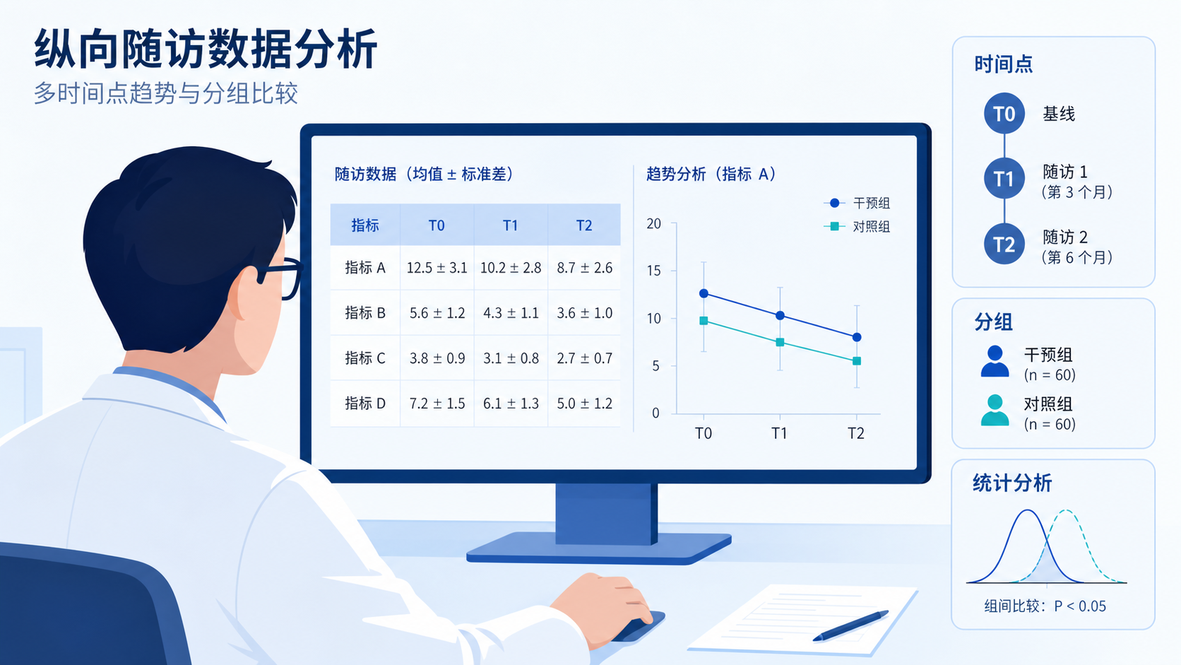 临床研究者在电脑前查看纵向随访数据表，旁边有时间点T0、T1、T2标记和统计分析示意图