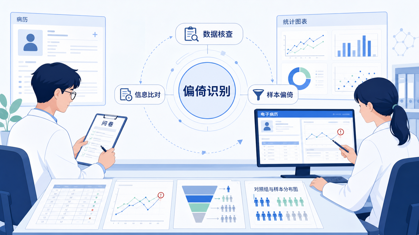 一张临床研究场景图，研究者在查看问卷、病历和统计图表，突出“偏倚识别”的主题。