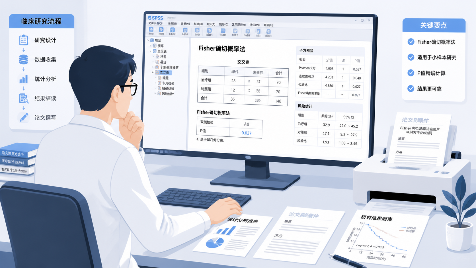 临床科研写作与统计分析场景图，展示研究者在电脑前查看Fisher确切概率法结果、论文表格与SPSS输出。