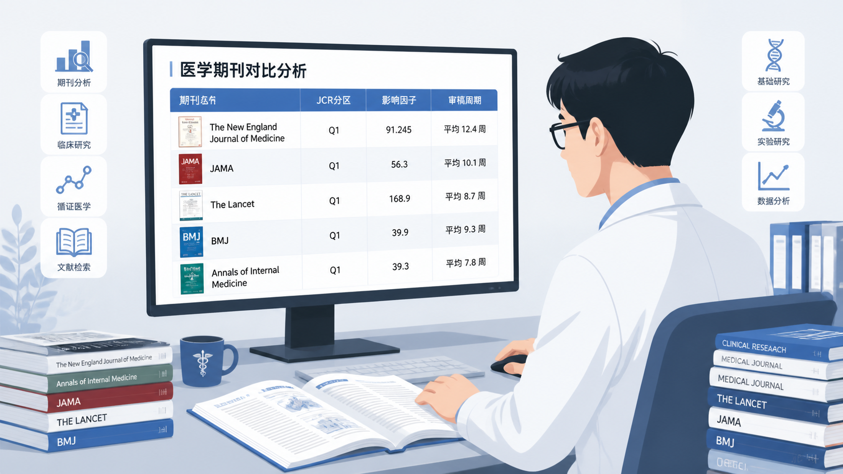 医学生在电脑前对比多本医学期刊，旁边显示JCR分区、影响因子、审稿周期等信息的表格界面