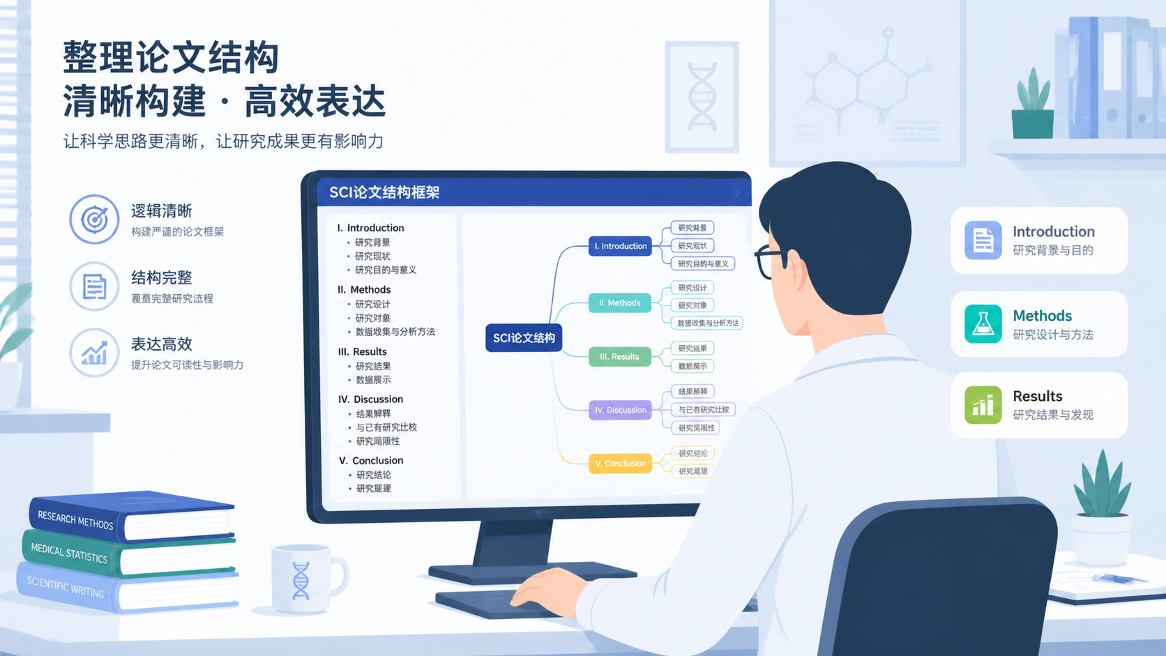 一位科研人员在电脑前整理SCI论文结构框架，旁边标注Introduction、Methods、Results、Discussion四个模块，整体风格简洁专业