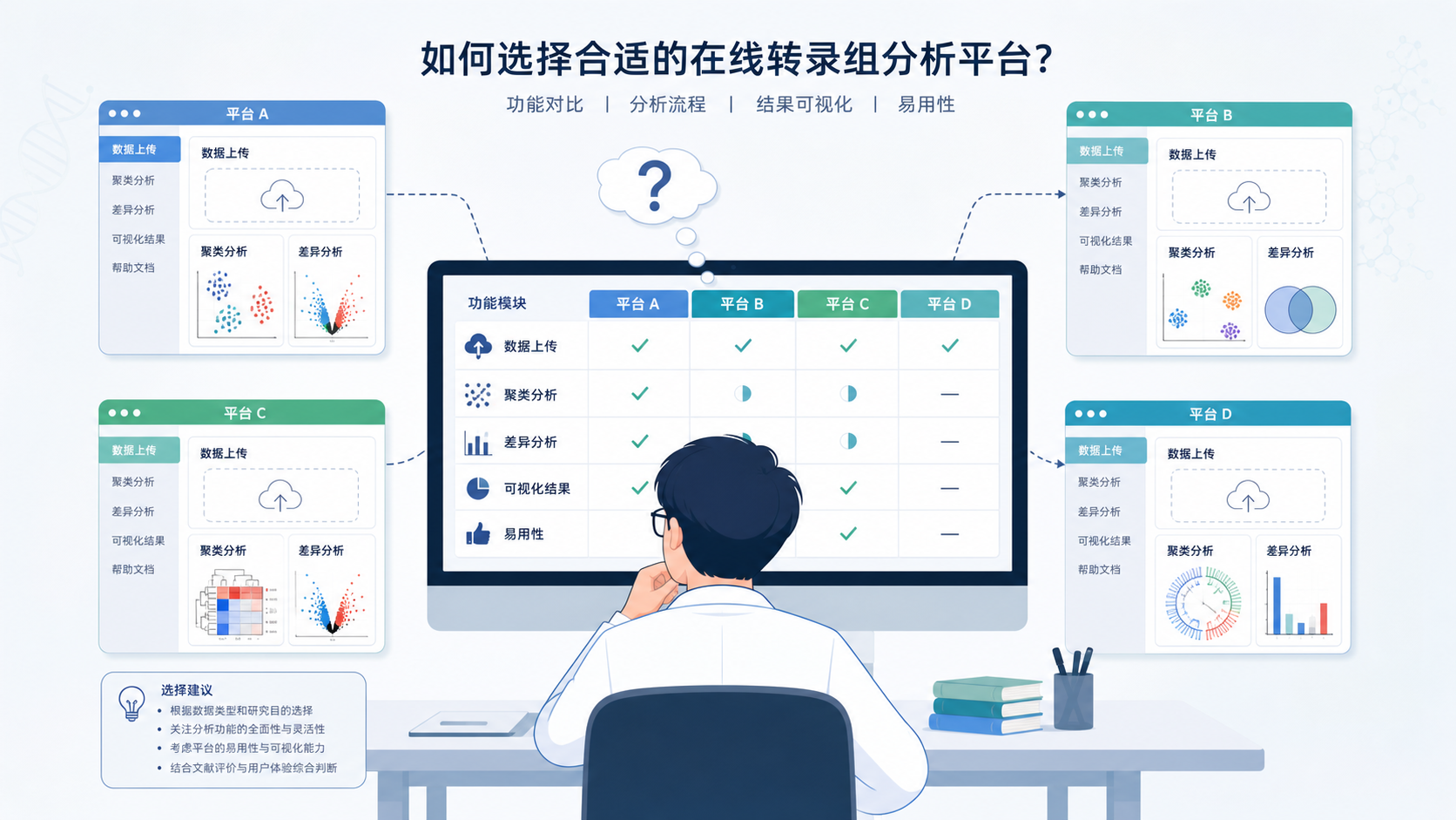 科研人员在电脑前打开多个在线转录组分析平台界面，对比数据上传、聚类和差异分析模块，体现“选择困难”和“工具对比”场景。