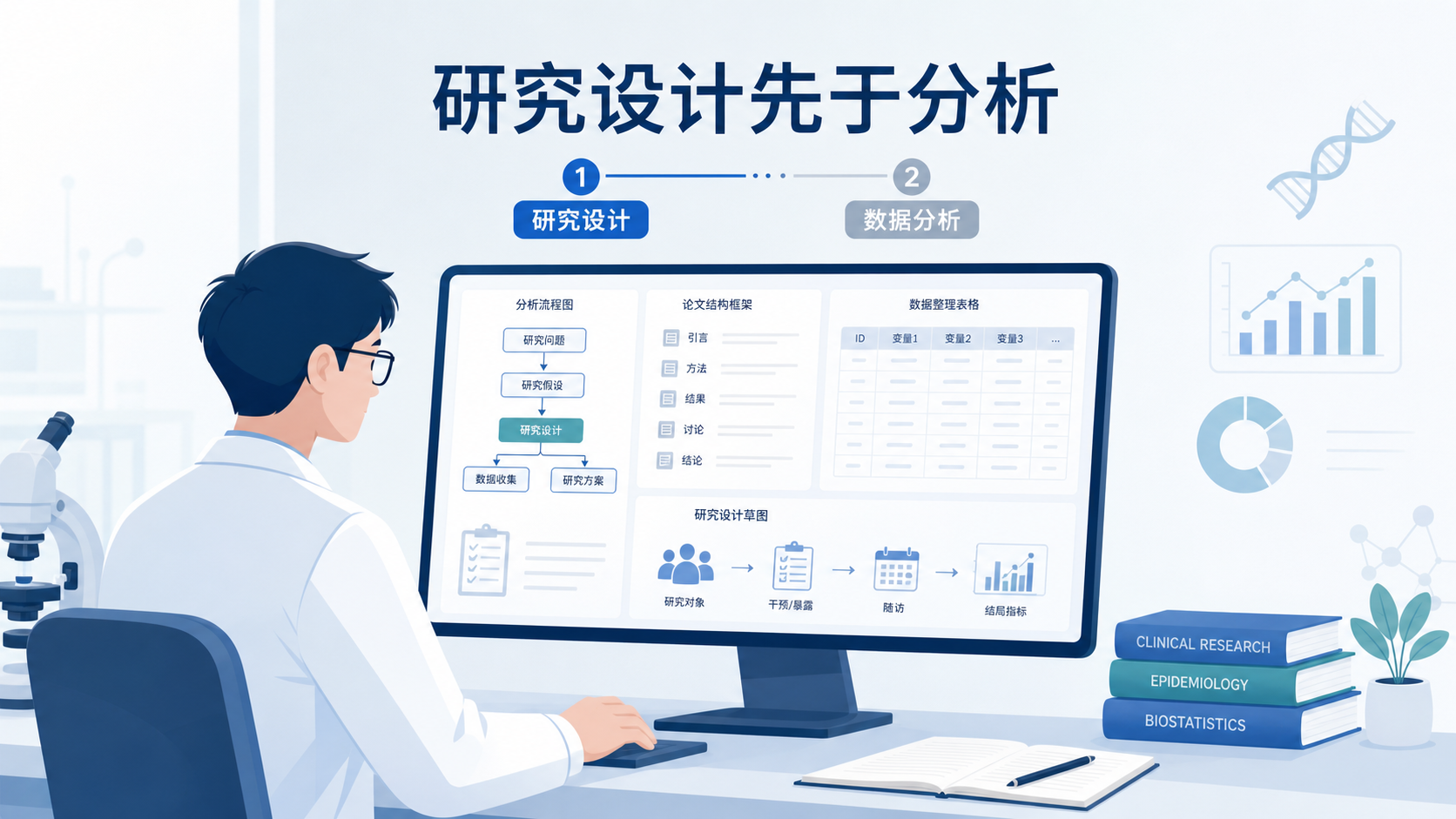 科研人员在电脑前梳理数据集、分析流程图与论文结构,画面突出“研究设计先于分析”