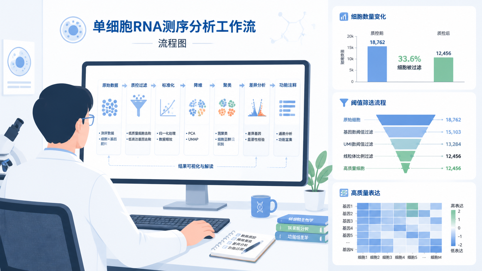 研究人员在电脑前整理单细胞分析流程图，旁边展示质控前后细胞数量变化、阈值筛选流程和最终高质量表达矩阵结果。