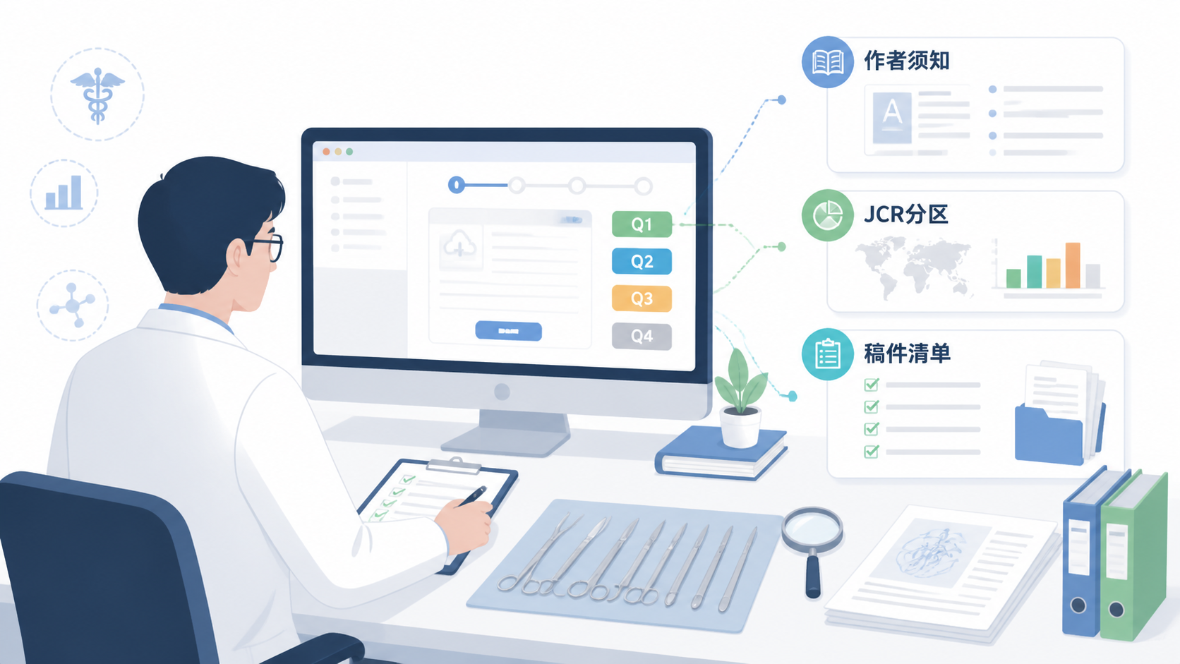 一位研究者在电脑前对照期刊官网作者须知、JCR分区和稿件清单，旁边有外科手术器械与论文文档图示，突出“选刊先行”主题。