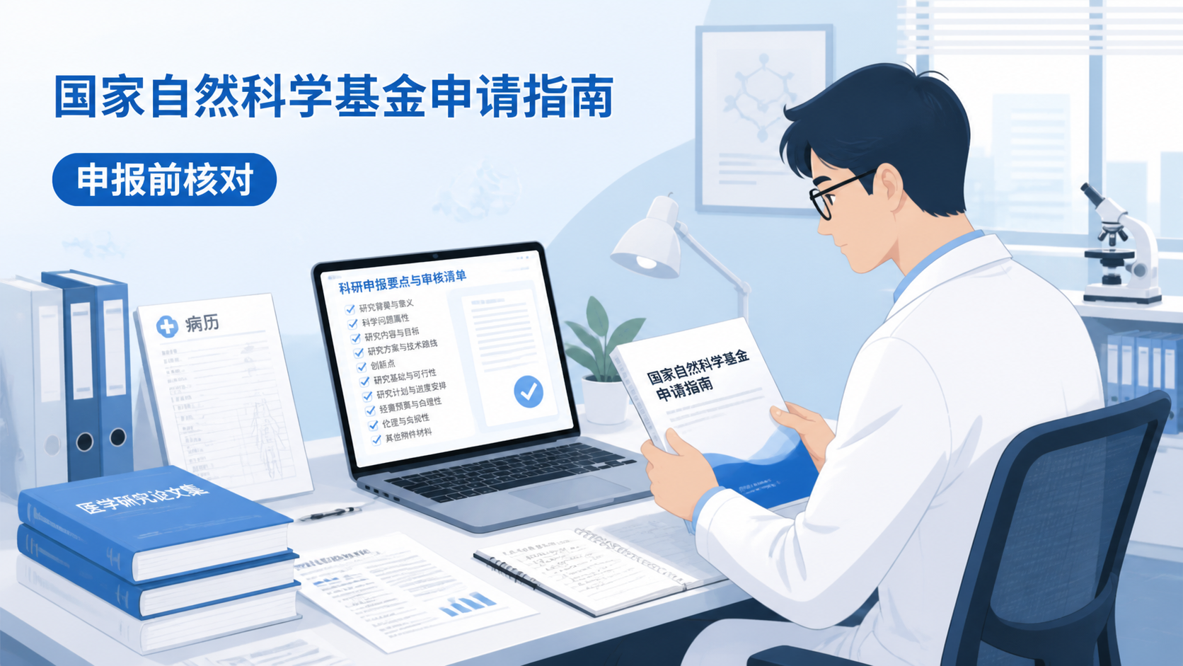 一位青年科研人员在办公室对照国家自然科学基金申请指南，桌上摆放病历、论文和电脑屏幕，强调申报前核对条件的重要性