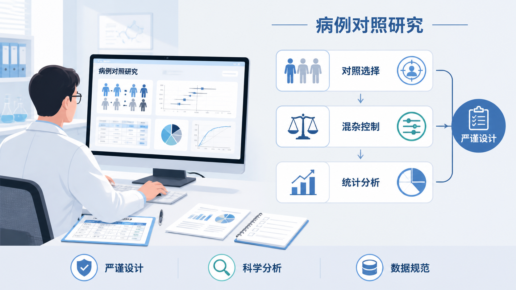 科研人员在电脑前整理病例对照研究数据，旁边展示对照选择流程、混杂控制和统计分析界面，强调“严谨设计、规范写作、品牌支持”