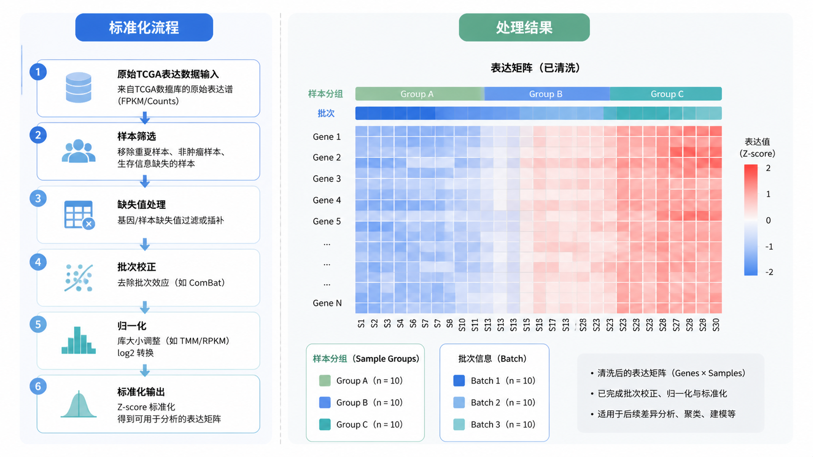 一张论文级TCGA表达数据处理结果展示图，左侧为标准化流程，右侧为清洗后的表达矩阵、样本分组和批次校正示意，整体风格学术简洁。