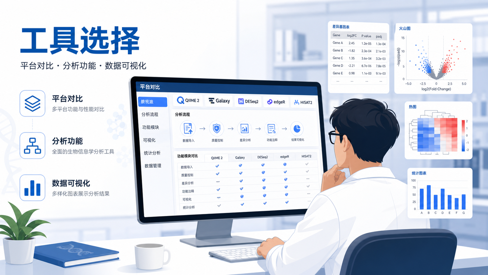 科研人员在电脑前比较多个生信分析平台界面，旁边有数据表、火山图和热图，突出“工具选择”场景