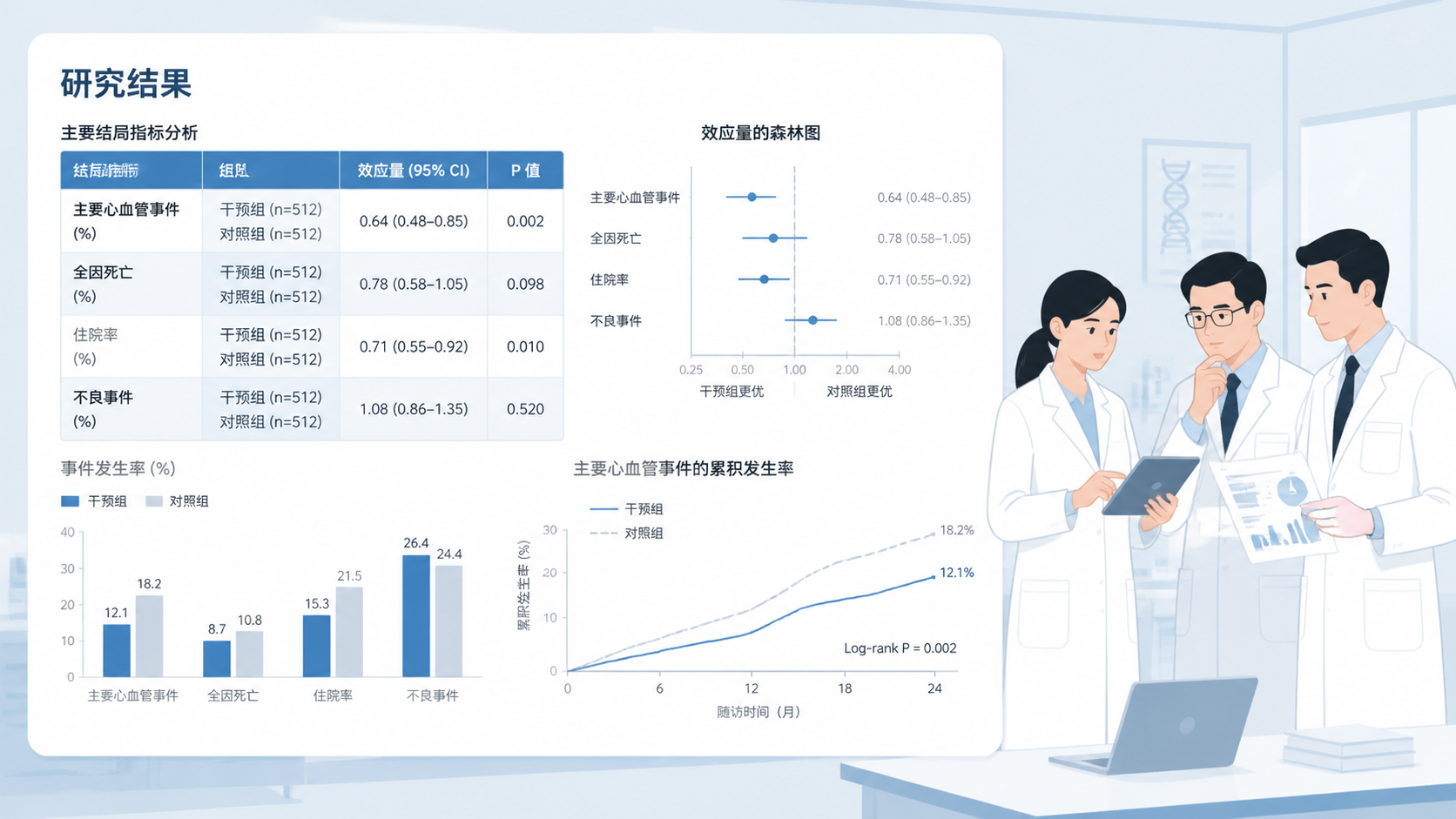 一页规范的医学论文结果表，包含P值、效应量、95%置信区间和统计图，旁边是科研人员进行讨论的场景，体现“规范解读统计结果”。