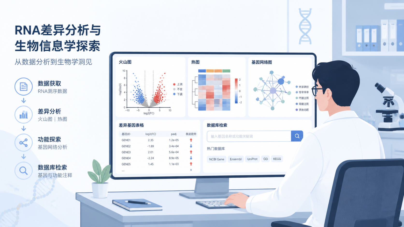 医学科研人员在电脑前查看RNA差异分析结果、网络图和数据库检索页面，画面风格专业简洁。