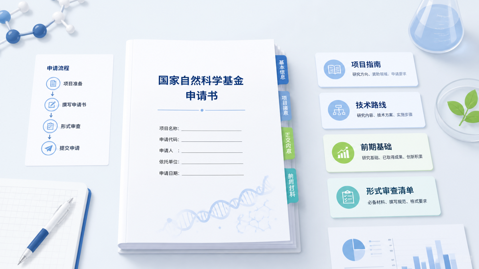 一份结构清晰的国自然申请书放在桌面上，旁边有“项目指南、技术路线、前期基础、形式审查清单”等标签，突出专业整理和申报支持场景。