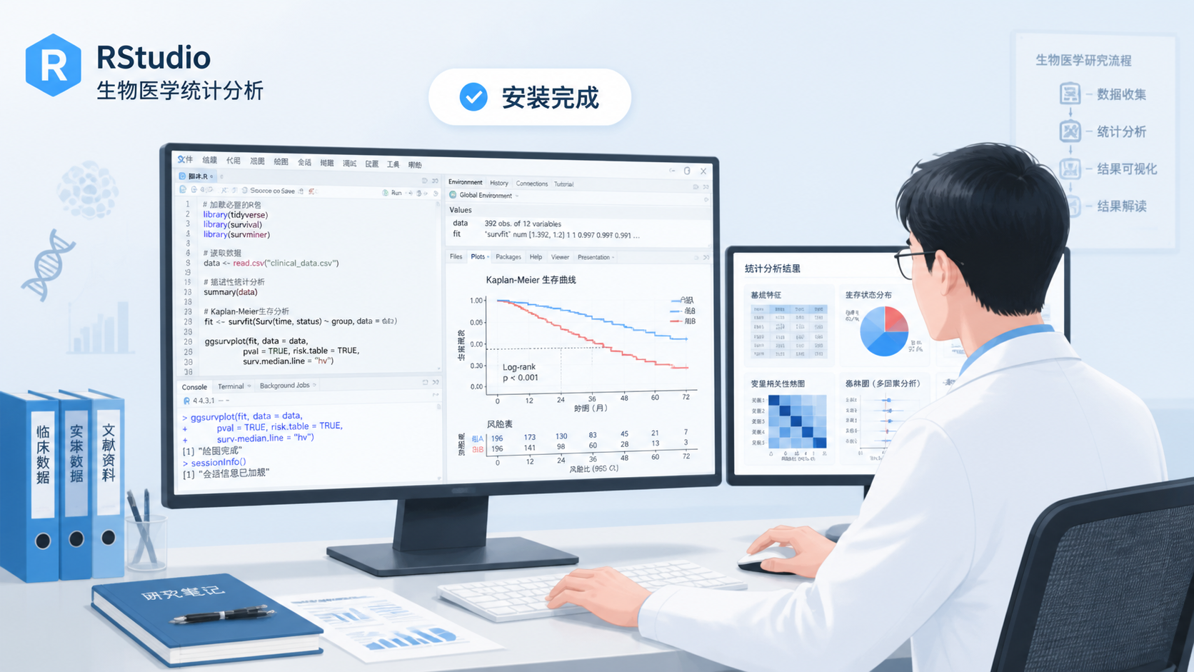 科研人员在电脑前使用RStudio运行代码，屏幕上显示统计分析结果和医学图表，画面体现“安装完成，开始科研实操”