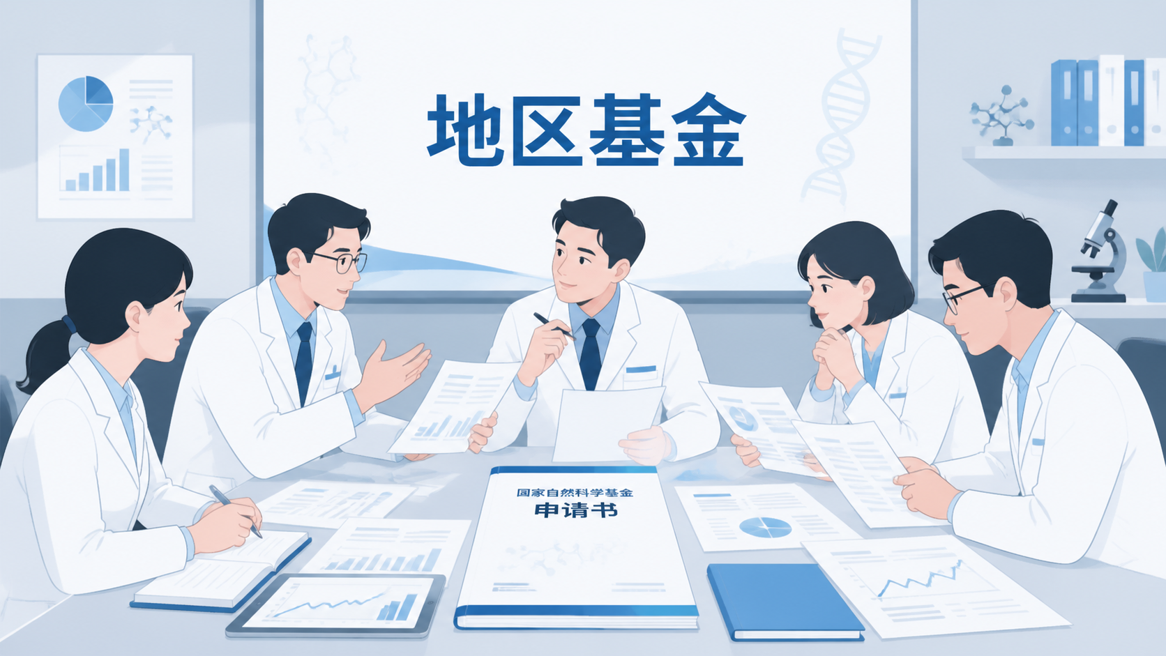 医学科研团队围坐讨论基金标书，桌上放有国家自然科学基金申请书、论文和数据图表，画面突出“地区基金适用范围”与“选题决策”。