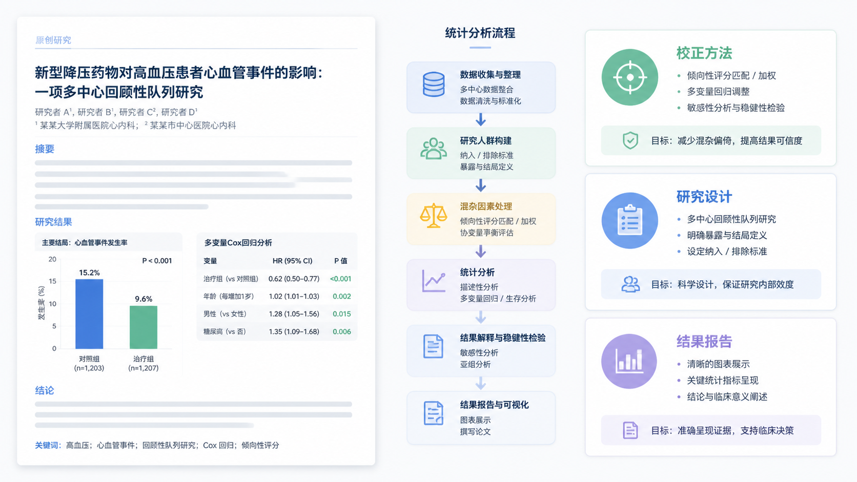 整洁的医学论文页面与统计分析流程图，旁边放置“校正方法”“研究设计”“结果报告”三个模块