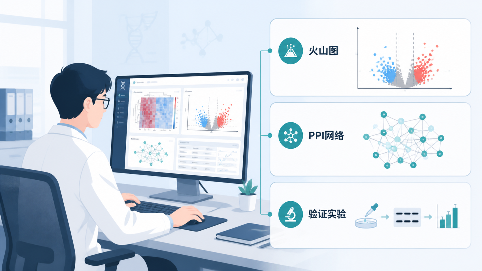 科研人员在电脑前进行生信分析，旁边展示差异基因火山图、PPI网络图和验证实验流程图