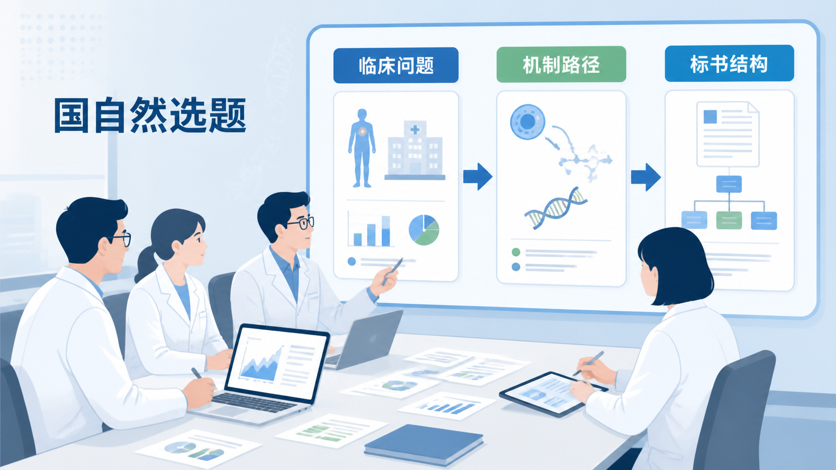 科研团队围桌讨论国自然选题，旁边展示临床问题、机制路径和标书结构的整合示意图。
