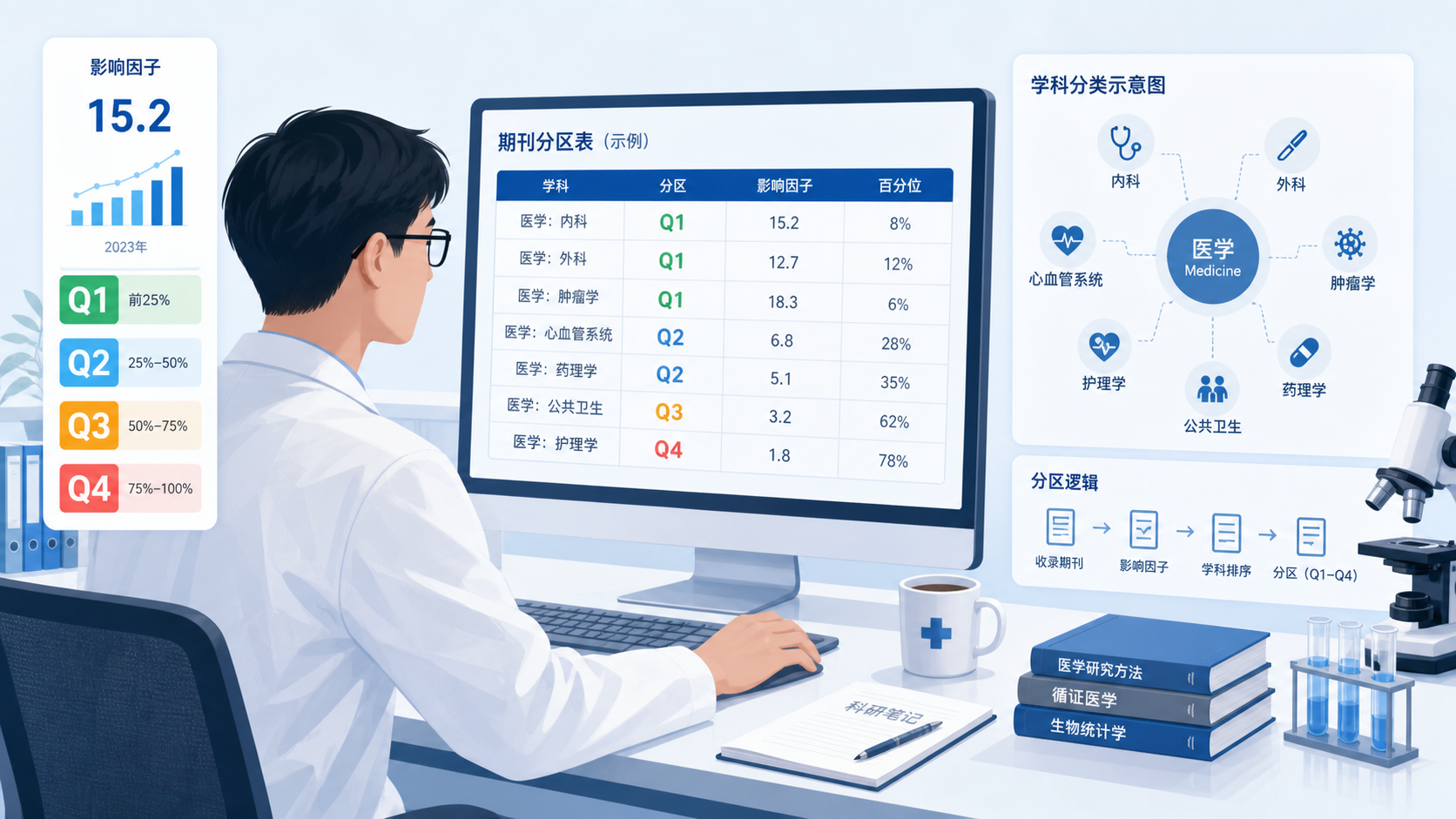科研人员在电脑前查看期刊分区表，旁边放有影响因子、Q1-Q4标签和学科分类示意图