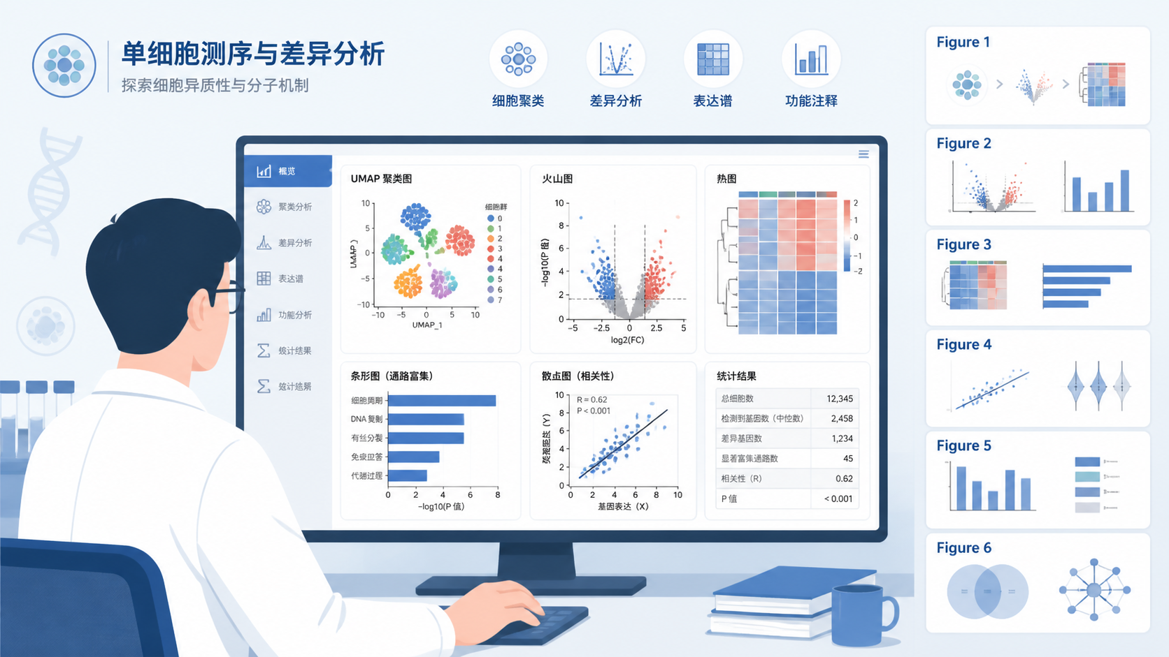 科研人员在电脑前查看单细胞或SCI结果图表,旁边有Figure 1到Figure 6的排版示意,突出“先看主发现再看后续机制”的逻辑。