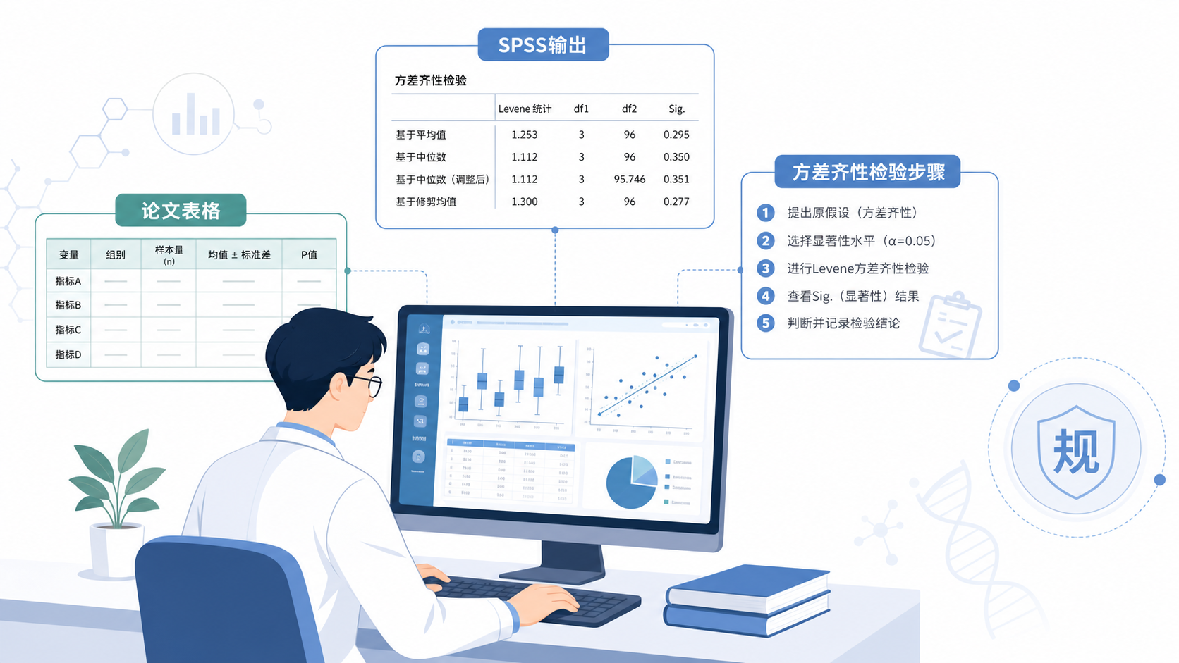 科研人员在电脑前整理统计结果，旁边展示SPSS输出表、论文表格和“方差齐性检验步骤”清单，强调规范化科研支持