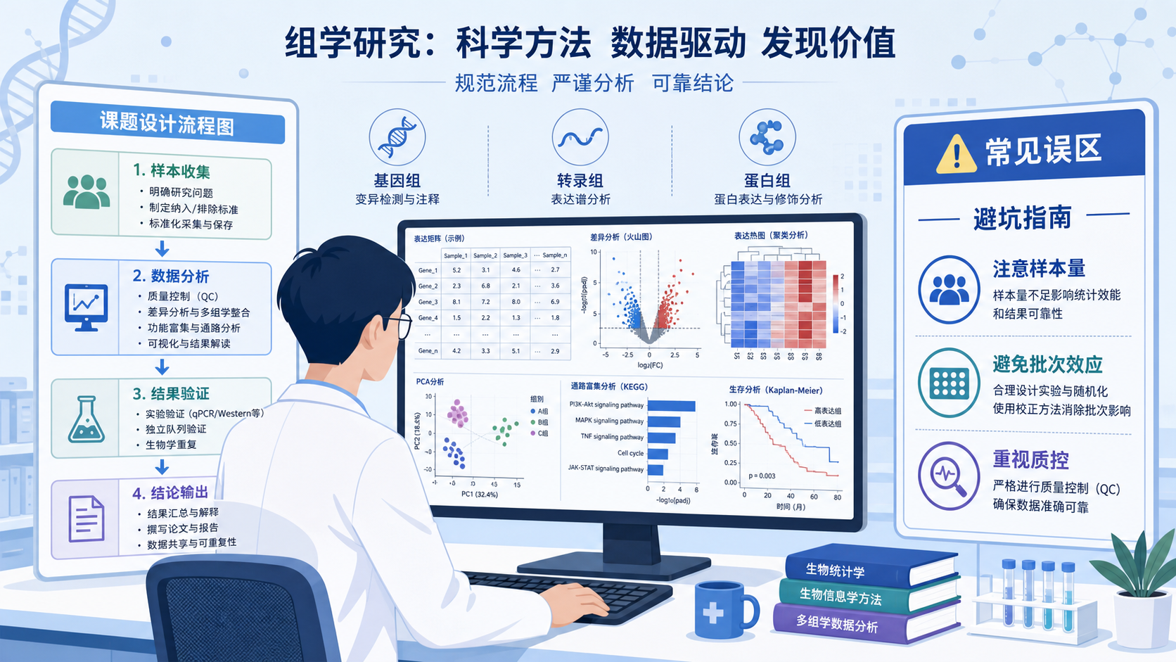 医学生在电脑前分析组学数据，旁边有课题设计流程图和常见误区提示牌，突出“避坑”主题。