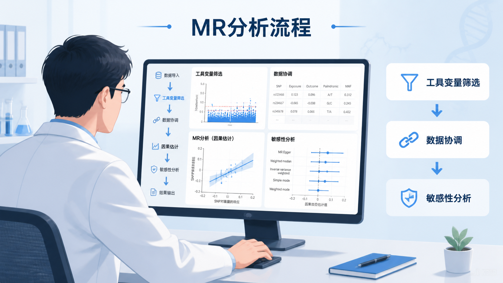 科研人员在电脑前完成MR分析流程，屏幕上显示工具变量筛选、数据协调和敏感性分析图，整体画面体现“规范流程完成发表”