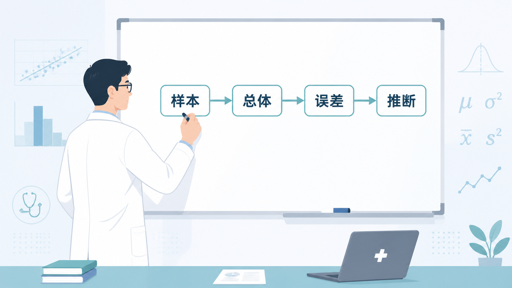 临床研究者在白板前梳理“样本—总体—误差—推断”的逻辑链条，画面干净专业，突出方法学学习与课程转化。