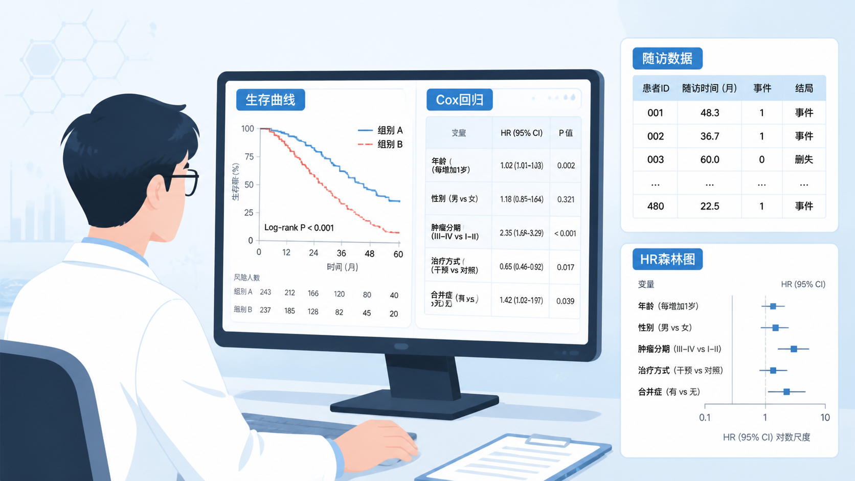医学生在电脑前查看生存曲线和Cox回归结果，旁边有随访数据表和HR森林图