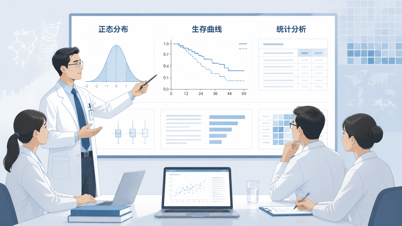 医学统计课堂场景，背景含正态曲线、Kaplan-Meier曲线和表格，前景为医生与学生讨论数据分布