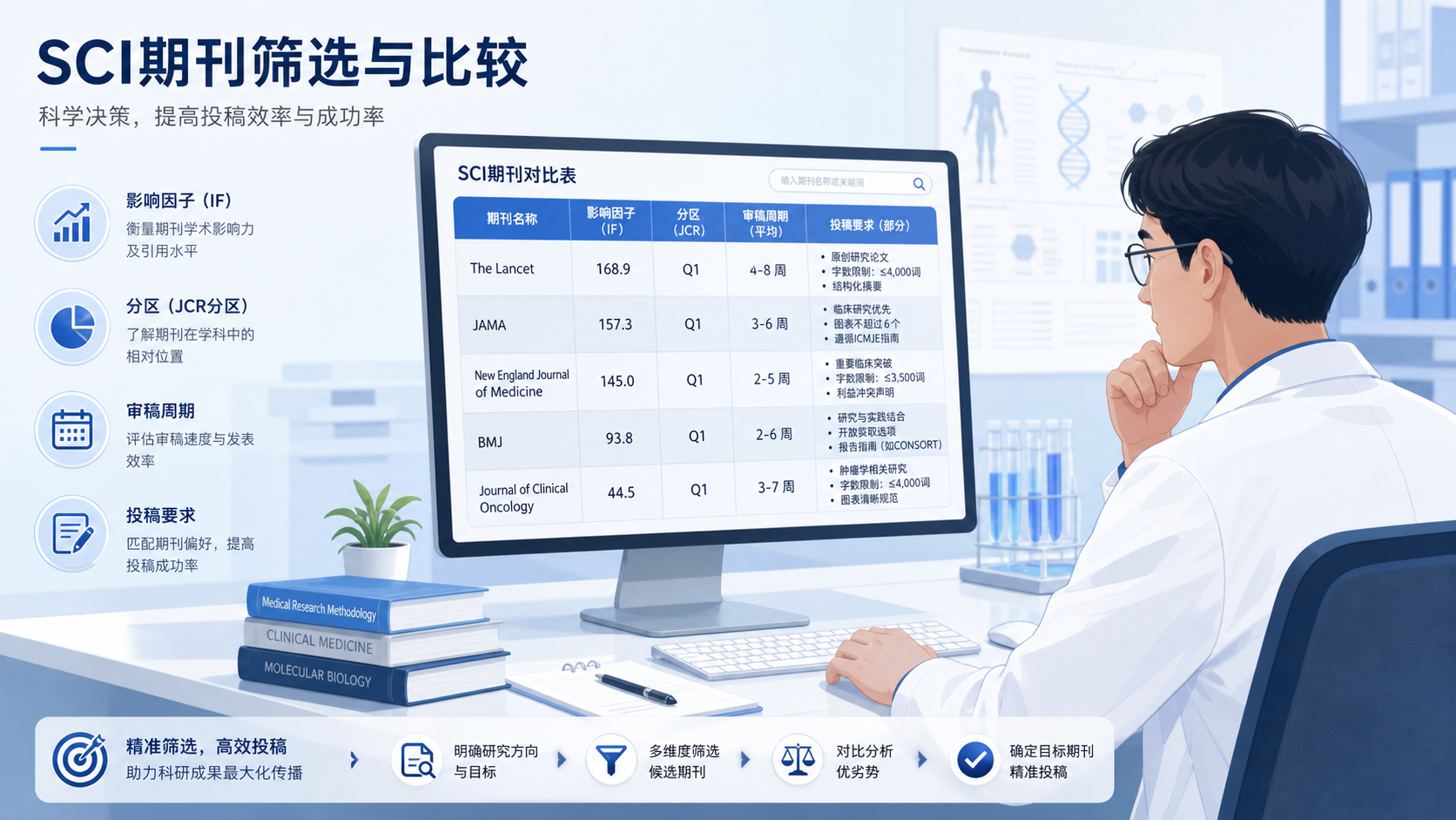 科研人员在电脑前筛选SCI期刊,屏幕上显示影响因子、分区、审稿周期与投稿要求对比表。