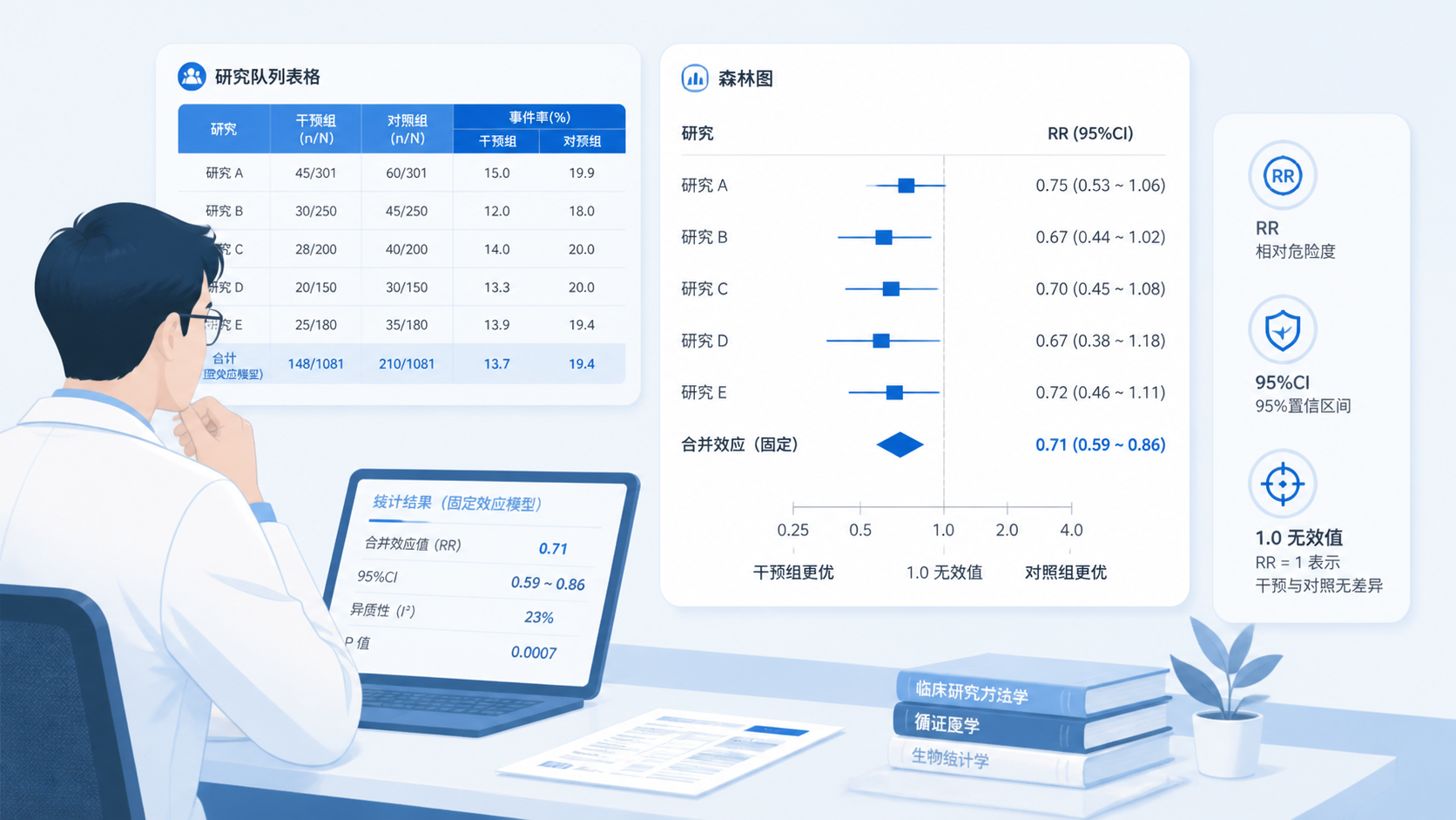 临床研究者在查看队列表格和统计结果，旁边标注RR、95%CI、1.0无效值的简洁信息图