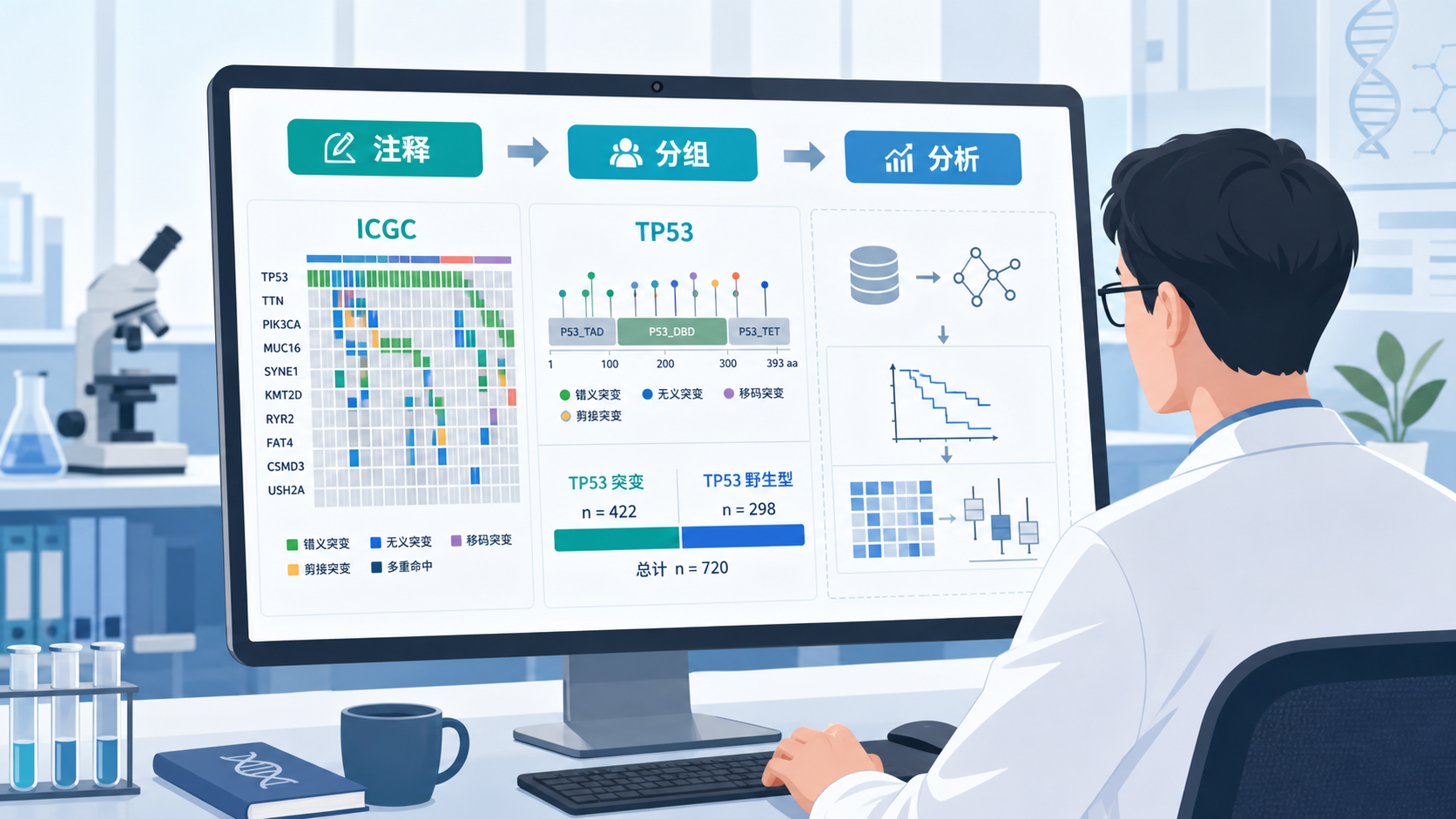 科研人员在电脑前查看ICGC瀑布图、TP53突变分组和论文方法部分示意图，突出“注释-分组-分析-写作”的完整流程