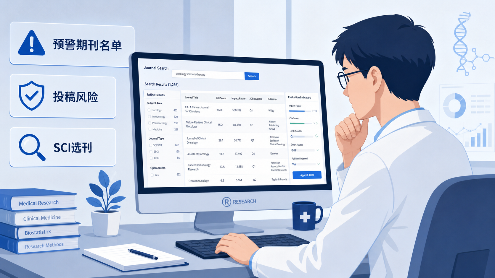 科研人员在电脑前筛选期刊，旁边显示“预警期刊名单”“投稿风险”“SCI选刊”字样的学术场景图