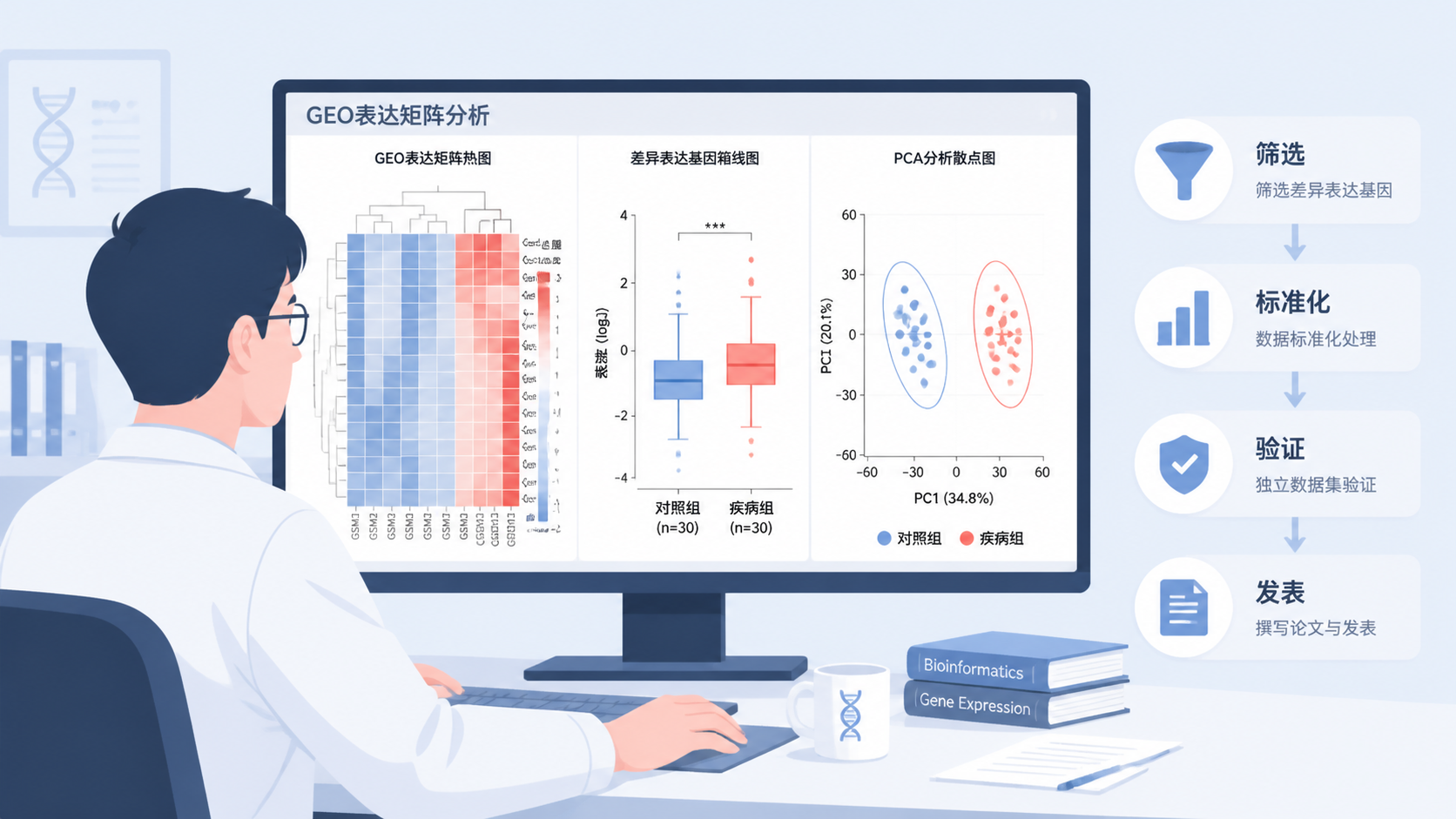 科研人员在电脑前查看GEO表达矩阵、箱线图和PCA图的场景，旁边展示“筛选、标准化、验证、发表”四步流程。