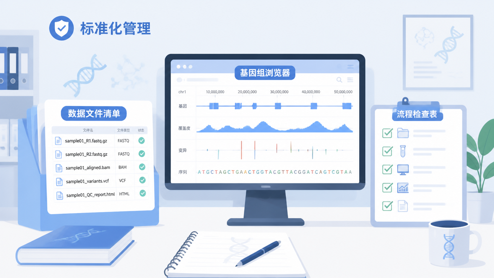 整洁的科研工作台，旁边放有规范命名的数据文件清单、基因组浏览器界面和流程检查表，强调“标准化管理”和“高效分析”