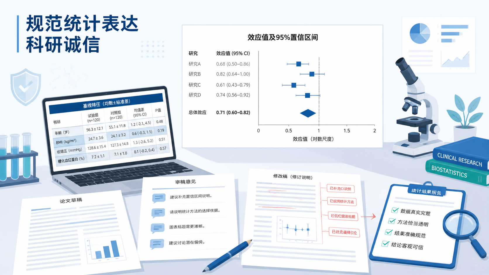 医学论文写作场景，桌面上有统计表格、置信区间图和审稿意见，画面强调“规范统计表达”与“科研诚信”。