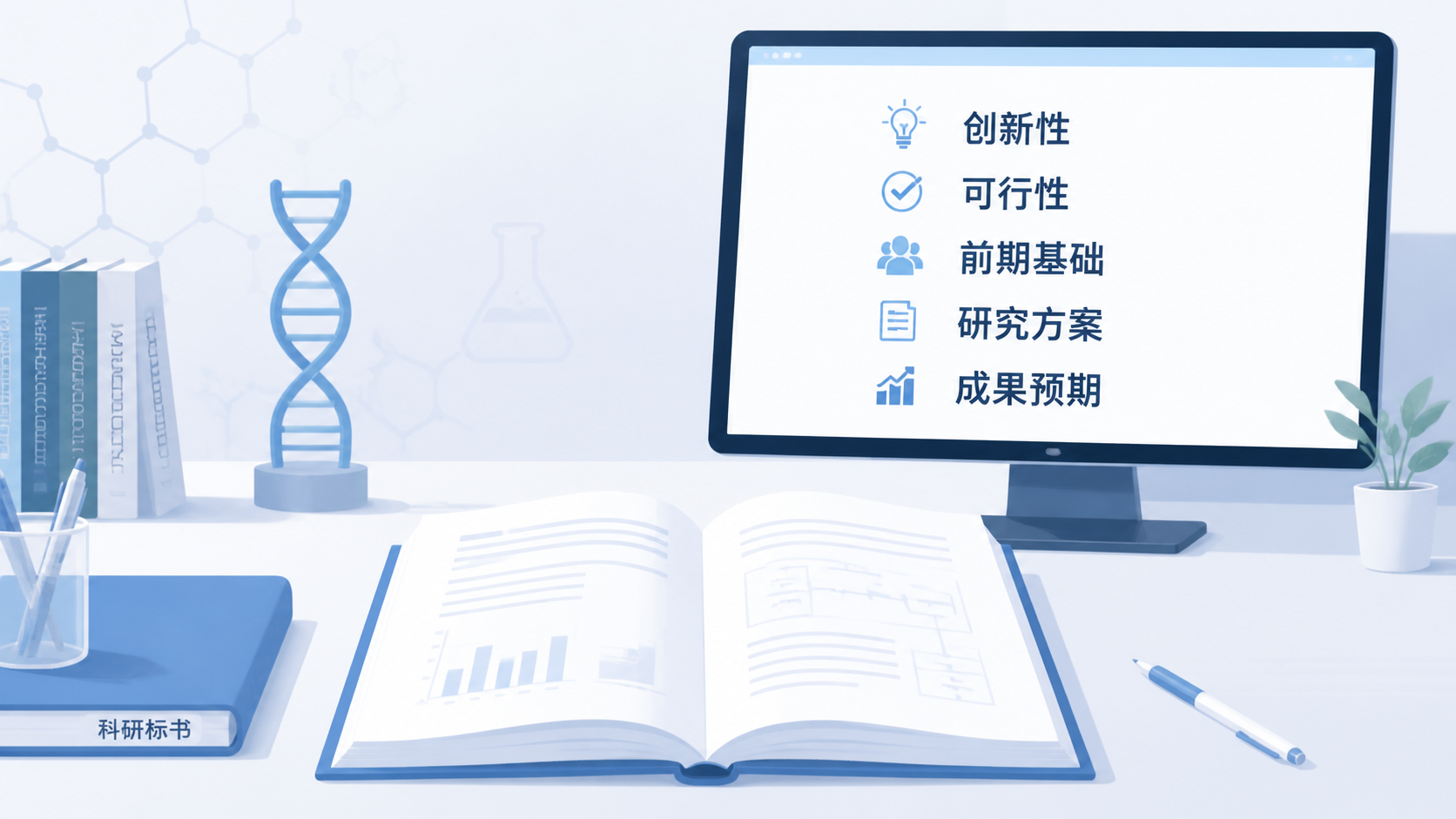 一本打开的科研标书放在桌面上，旁边有电脑屏幕显示“创新性、可行性、前期基础、研究方案、成果预期”五项清单