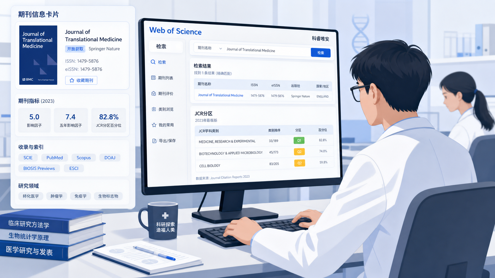 科研人员使用数据库核查期刊状态，屏幕上显示Web of Science、JCR分区和期刊列表，整体风格专业简洁