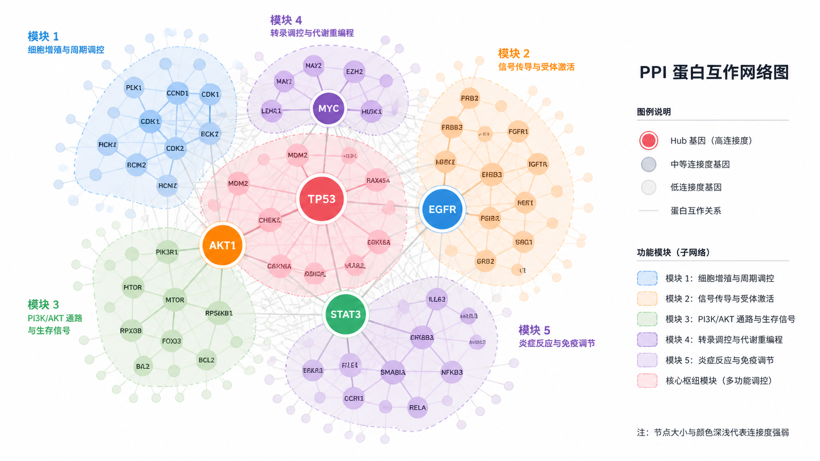 Cytoscape美化后的PPI网络成图，突出Hub基因、关键模块和颜色分层，适合论文结果展示